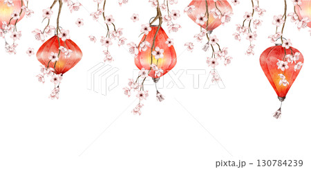 Seamless watercolor border with red chinese lanterns and delicate sakura branches and pink blossoms hanging down in soft style Seamless watercolor border with red chinese lanterns and delicate sakura branches and pink blossoms hanging down in soft style 130784239