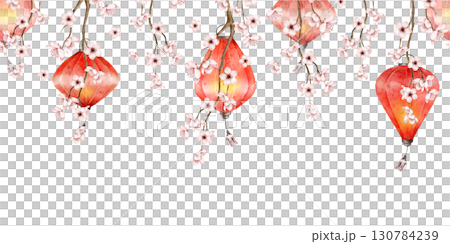 Seamless watercolor border with red chinese lanterns and delicate sakura branches and pink blossoms hanging down in soft style Seamless watercolor border with red chinese lanterns and delicate sakura branches and pink blossoms hanging down in soft style 130784239