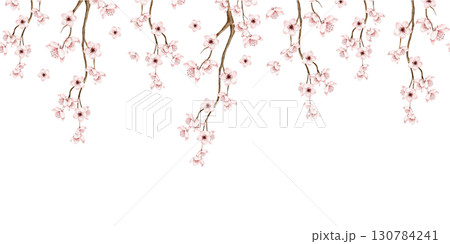 Seamless watercolor border with delicate sakura branches and pink blossoms hanging down in soft style. Perfect for invitations, postcards, wedding stationery, packaging, or spring seasonal design Seamless watercolor border with delicate sakura branches and pink blossoms hanging down in soft style. Perfect for invitations, postcards, wedding stationery, packaging, or spring seasonal design 130784241