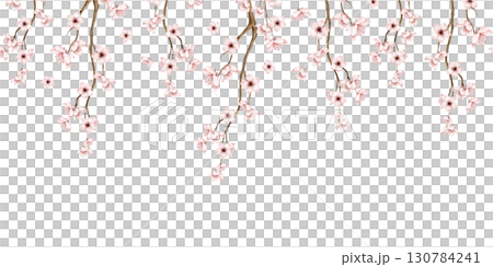 Seamless watercolor border with delicate sakura branches and pink blossoms hanging down in soft style. Perfect for invitations, postcards, wedding stationery, packaging, or spring seasonal design Seamless watercolor border with delicate sakura branches and pink blossoms hanging down in soft style. Perfect for invitations, postcards, wedding stationery, packaging, or spring seasonal design 130784241
