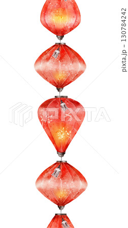 Watercolor seamless border pattern with red lanterns and oriental folding fans decorated with cherry blossoms. Ideal for textile, wrapping, invitations, banners, or festive designs Watercolor seamless border pattern with red lanterns and oriental folding fans decorated with cherry blossoms. Ideal for textile, wrapping, invitations, banners, or festive designs 130784242