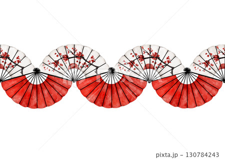 Watercolor seamless border pattern with red lanterns and oriental folding fans decorated with cherry blossoms. Ideal for textile, wrapping, invitations, banners, or festive designs 130784243