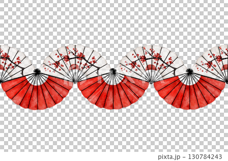 Watercolor seamless border pattern with red lanterns and oriental folding fans decorated with cherry blossoms. Ideal for textile, wrapping, invitations, banners, or festive designs 130784243