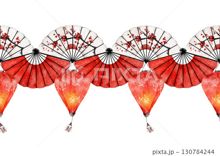 Watercolor seamless border pattern with red lanterns and oriental folding fans decorated with cherry blossoms. Ideal for textile, wrapping, invitations, banners, or festive designs 130784244