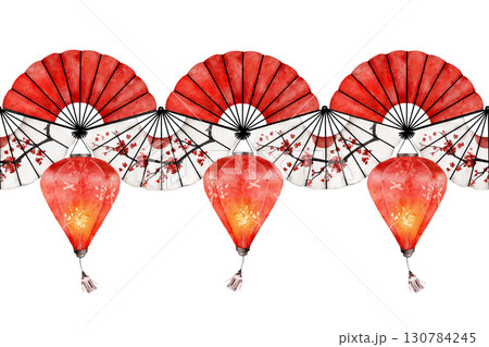 Watercolor seamless border pattern with red lanterns and oriental folding fans decorated with cherry blossoms. Ideal for textile, wrapping, invitations, banners, or festive designs 130784245
