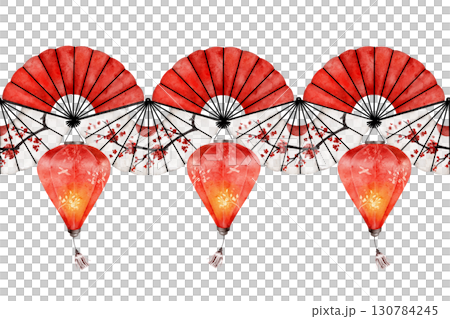 Watercolor seamless border pattern with red lanterns and oriental folding fans decorated with cherry blossoms. Ideal for textile, wrapping, invitations, banners, or festive designs 130784245