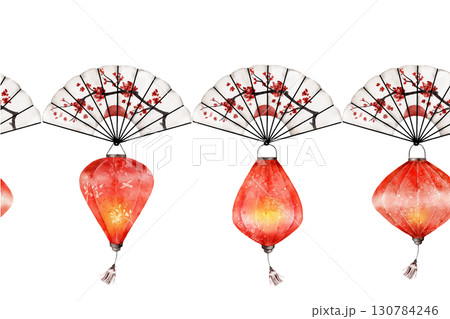 Watercolor seamless border pattern with red lanterns and oriental folding fans decorated with cherry blossoms. Ideal for textile, wrapping, invitations, banners, or festive designs 130784246