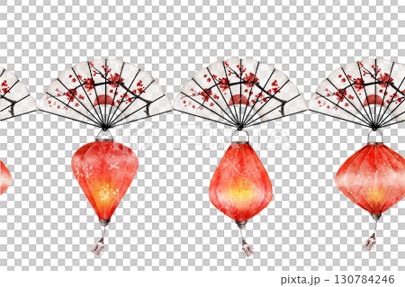 Watercolor seamless border pattern with red lanterns and oriental folding fans decorated with cherry blossoms. Ideal for textile, wrapping, invitations, banners, or festive designs 130784246