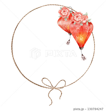 Watercolor wreath with delicate rope circle tied in a bow, decorated with red lanterns and pink flowers. Perfect for invitations, postcards, packaging, wedding, or festive design projects 130784247
