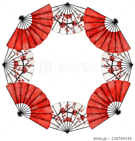 Watercolor round wreath made of traditional red and white fans decorated with cherry blossoms. Ideal for invitations, greeting cards, packaging, or festive Asian cultural designs 130784248