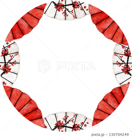 Watercolor round wreath made of traditional red and white fans decorated with cherry blossoms. Ideal for invitations, greeting cards, packaging, or festive Asian cultural designs 130784249