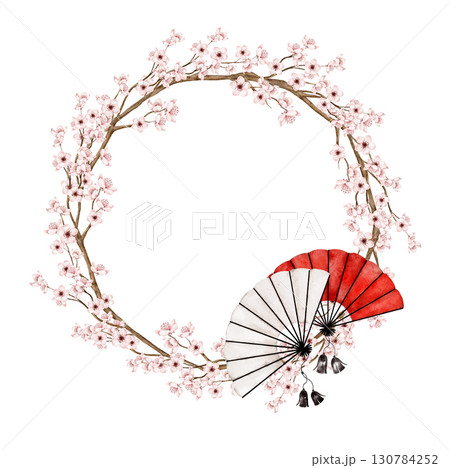 Watercolor sakura wreath with cherry blossoms and red traditional fan accent. Part of a large floral bouquet set. Perfect for wedding stationery, greeting card, packaging Watercolor sakura wreath with cherry blossoms and red traditional fan accent. Part of a large floral bouquet set. Perfect for wedding stationery, greeting card, packaging 130784252