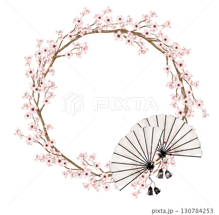Watercolor sakura wreath with pink cherry blossoms and white traditional fan accent. Part of a Chinese decor set. Perfect for wedding invitation, greeting card, packaging, or Asian themed decor Watercolor sakura wreath with pink cherry blossoms and white traditional fan accent. Part of a Chinese decor set. Perfect for wedding invitation, greeting card, packaging, or Asian themed decor 130784253