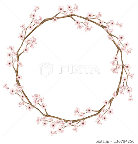 Watercolor sakura wreath with delicate cherry blossoms arranged in round frame. Part of a large floral bouquet set. Perfect for wedding invitation, greeting card, packaging, or seasonal spring decorat 130784256