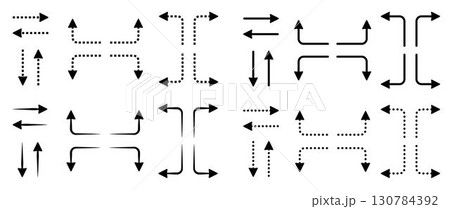 Black dotted and line arrow set, various vector monochrome outline navigation signs. Linear symbols of up, down, right and left direction. Forward, backward, straight, sideways paths 130784392