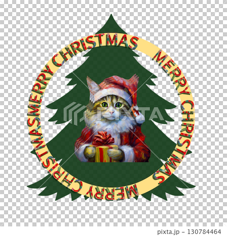 一隻扮成聖誕老人的貓送來的禮物，在樹的背景上祝聖誕快樂 130784464