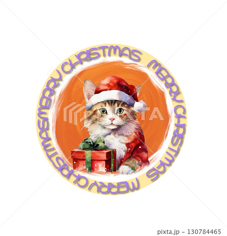 猫ちゃんからプレゼント　サンタクロースの格好でメリークリスマスロゴ入り 130784465