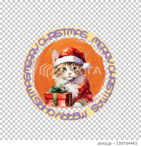 猫ちゃんからプレゼント　サンタクロースの格好でメリークリスマスロゴ入り 130784465