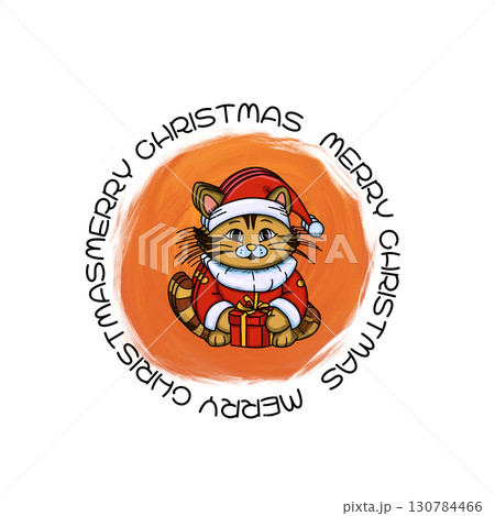 猫ちゃんからプレゼント　サンタクロースの格好でメリークリスマス　イラスト 130784466
