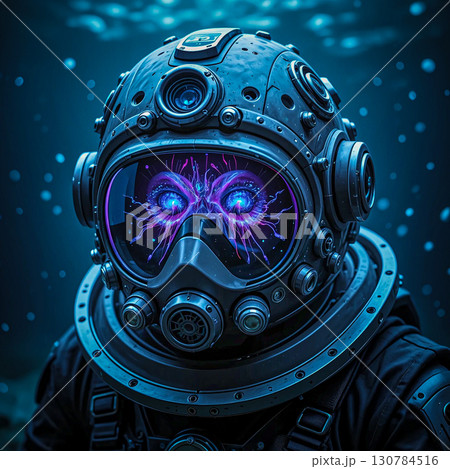 Deep sea explorer with cybernetic eyes. A diver wearing an advanced, futuristic helmet with numerous mechanical components and lights is submerged underwater. 130784516
