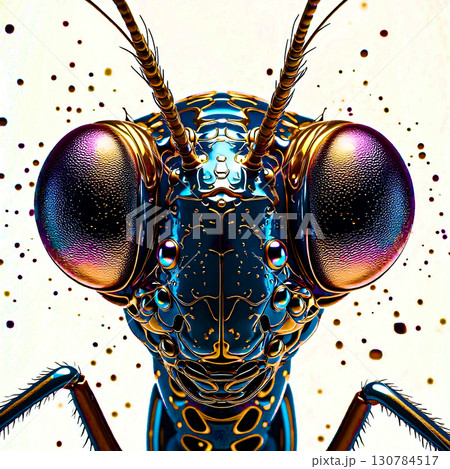 Close-up of an insect's intricate metallic head. Close-up of an insect's head, showing large, iridescent compound eyes and intricate metallic patterns on its exoskeleton. 130784517
