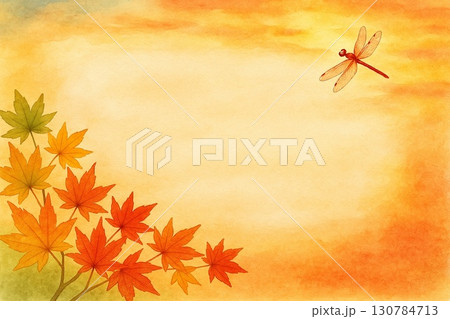 フレーム素材　紅葉　赤トンボ　水彩画 130784713
