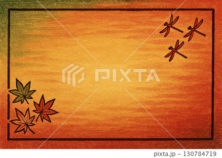 フレーム素材　紅葉　赤トンボ　版画調 130784719