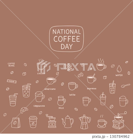 Trendy National Coffee Day banner with various coffee related items like cups, beans and brewing tools. Vector illustration in doodle style Trendy National Coffee Day banner with various coffee related items like cups, beans and brewing tools. Vector illustration in doodle style 130784962