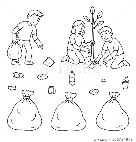 Vector illustration on the theme of environmental protection. Two children are planting a tree and the third one is collecting trash in bags. Teamwork and environmental awareness. 130784972