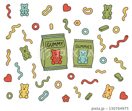 Big Set of Chewy Candies and Vitamins. Colorful Juicy Gummy Candies, Soft Marmalade, Fruits and Berries for Chewing, Kids Collection Isolated on White. Doodle Style Vector Big Set of Chewy Candies and Vitamins. Colorful Juicy Gummy Candies, Soft Marmalade, Fruits and Berries for Chewing, Kids Collection Isolated on White. Doodle Style Vector 130784975