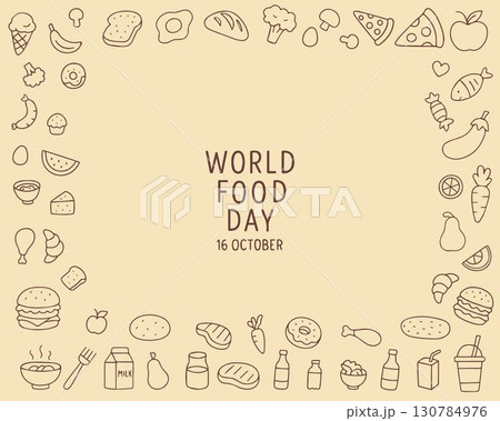 World Food Day themed vector illustration featuring various food icons surrounding styled text.  130784976