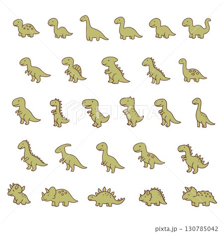 Adorable Doodle Dinosaurs. Green Dinosaurs Hand Drawn 130785042
