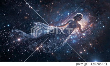 宇宙空間を背景に、ドレスで漂う美女 130785661