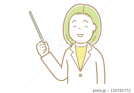 棒を使って指示をする緑髪で白衣の女性のイラスト 130785772
