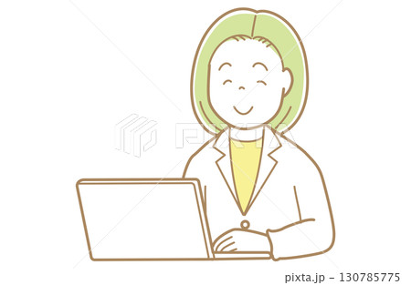 パソコンの画面を見る緑髪で白衣の女性のイラスト 130785775