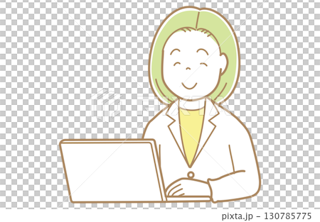 パソコンの画面を見る緑髪で白衣の女性のイラスト 130785775