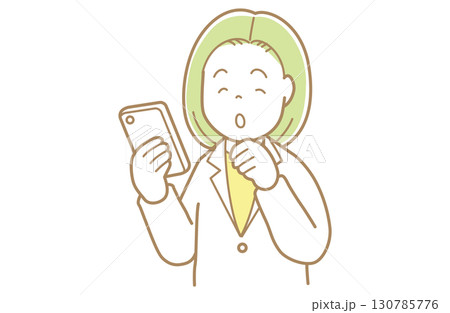 スマートフォンの画面を見る緑髪で白衣の女性のイラスト 130785776