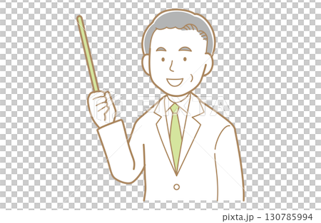 Illustration of a gray-haired man in a white coat pointing with a pointer 130785994