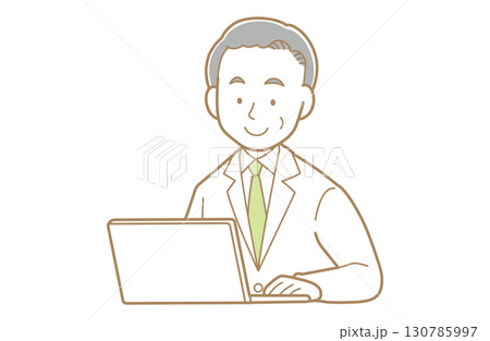 パソコンを使うグレイヘアで白衣の男性のイラスト 130785997