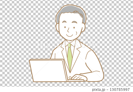 パソコンを使うグレイヘアで白衣の男性のイラスト 130785997
