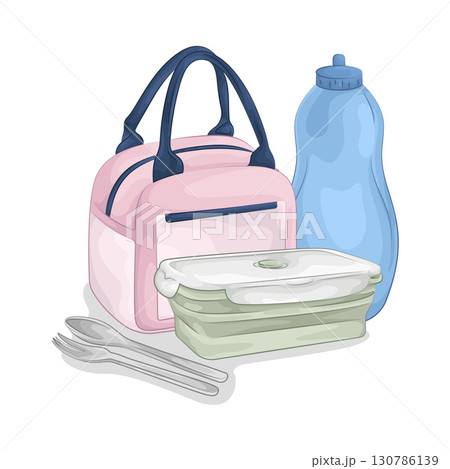 Illustration of Food container and water bottle 130786139