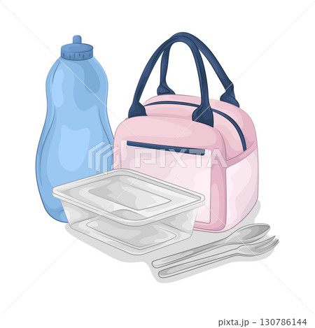 Illustration of Food container and water bottle 130786144