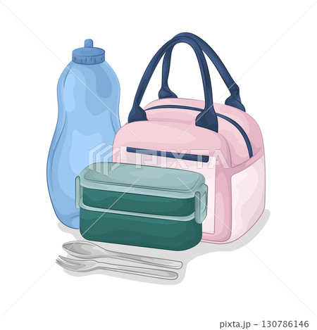 Illustration of Food container and water bottle 130786146