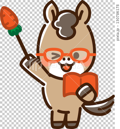 眨眼的馬拿著指針和一本書 130786178