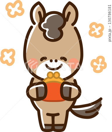 がま口財布を持って嬉しそうに微笑む馬 がま口財布を持って嬉しそうに微笑む馬 130786181