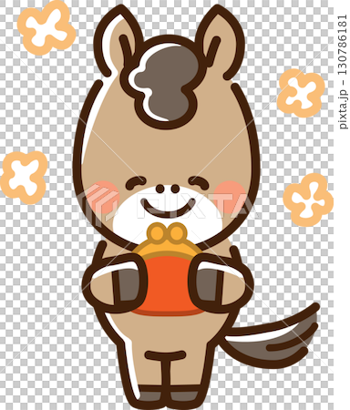 一匹馬拿著扣環錢包開心地微笑 一匹馬拿著扣環錢包開心地微笑 130786181