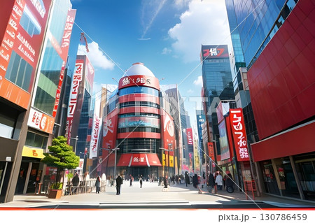 ゲーム背景　秋葉原をイメージした現代電脳街のストリートビュー風景 130786459
