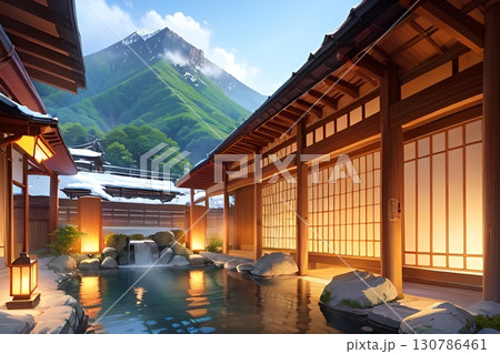 ゲーム背景　日本の旅館の露天風呂がある昼風景 130786461
