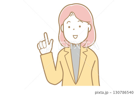 指差すピンク髪でオレンジスーツの女性のイラスト 130786540