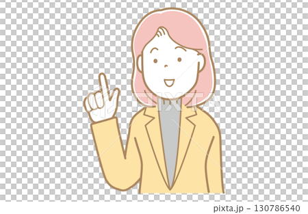指差すピンク髪でオレンジスーツの女性のイラスト 130786540